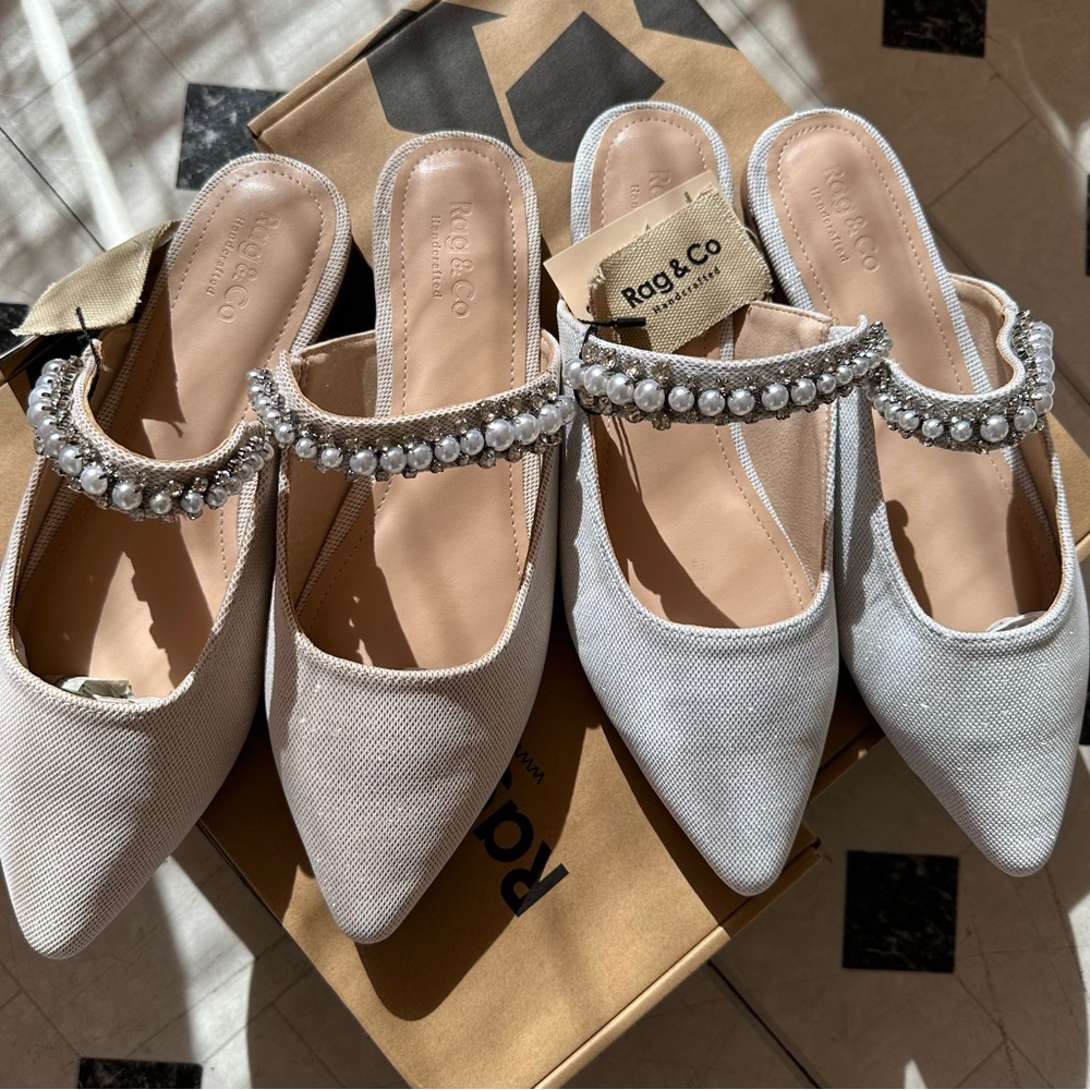 Women's Elegant Pearl Strap Mules - Cream and Gray